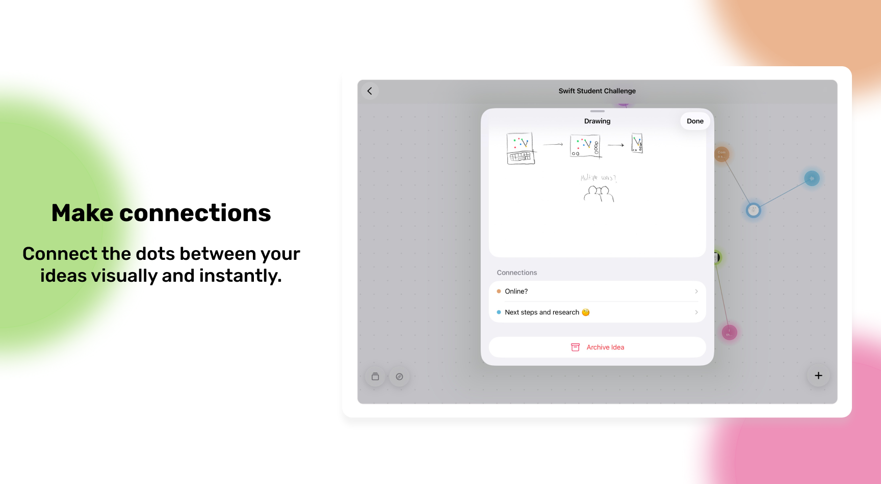 iDeary screen showing an idea and its connections