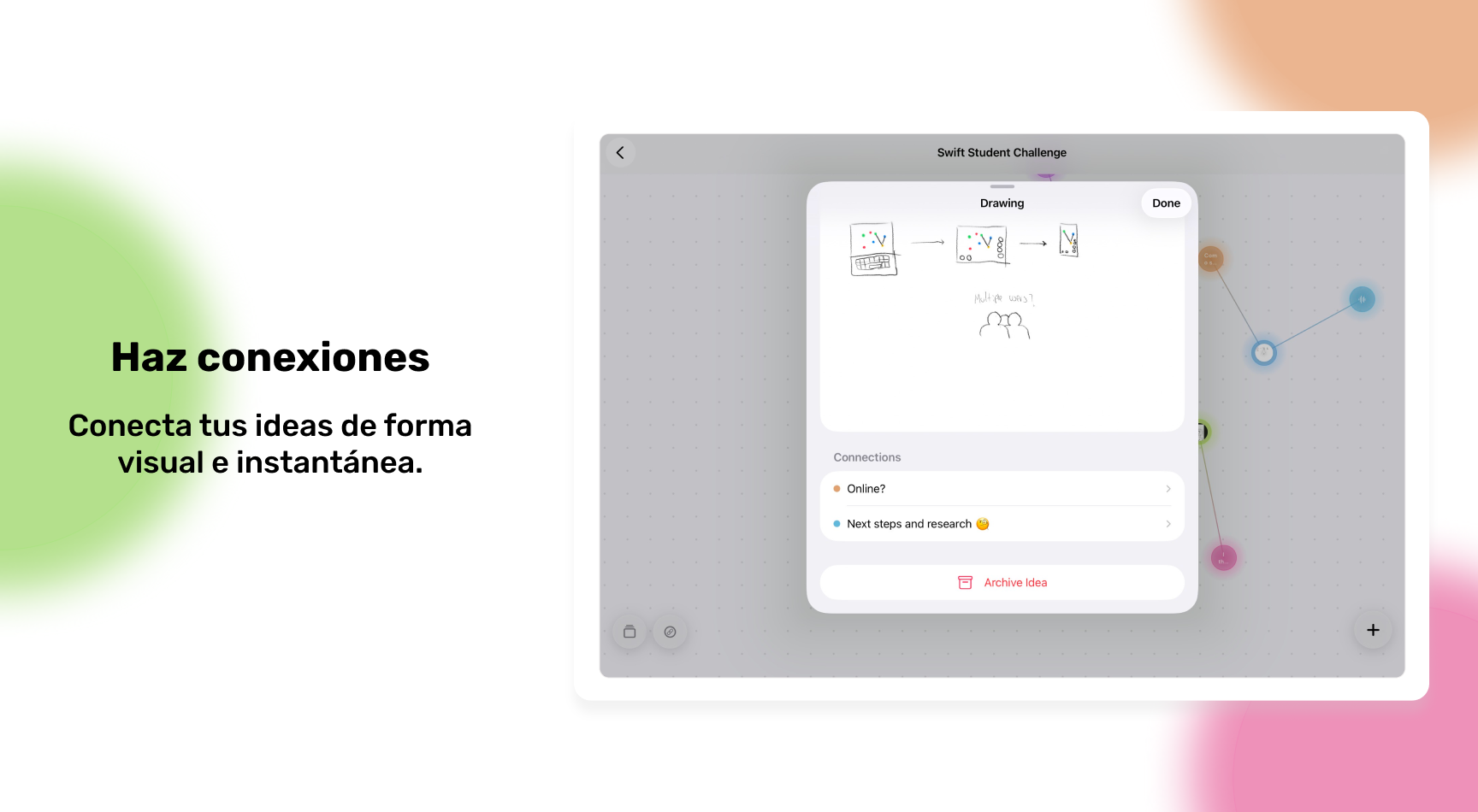 Pantalla de iDeary mostrando una idea y sus conexiones