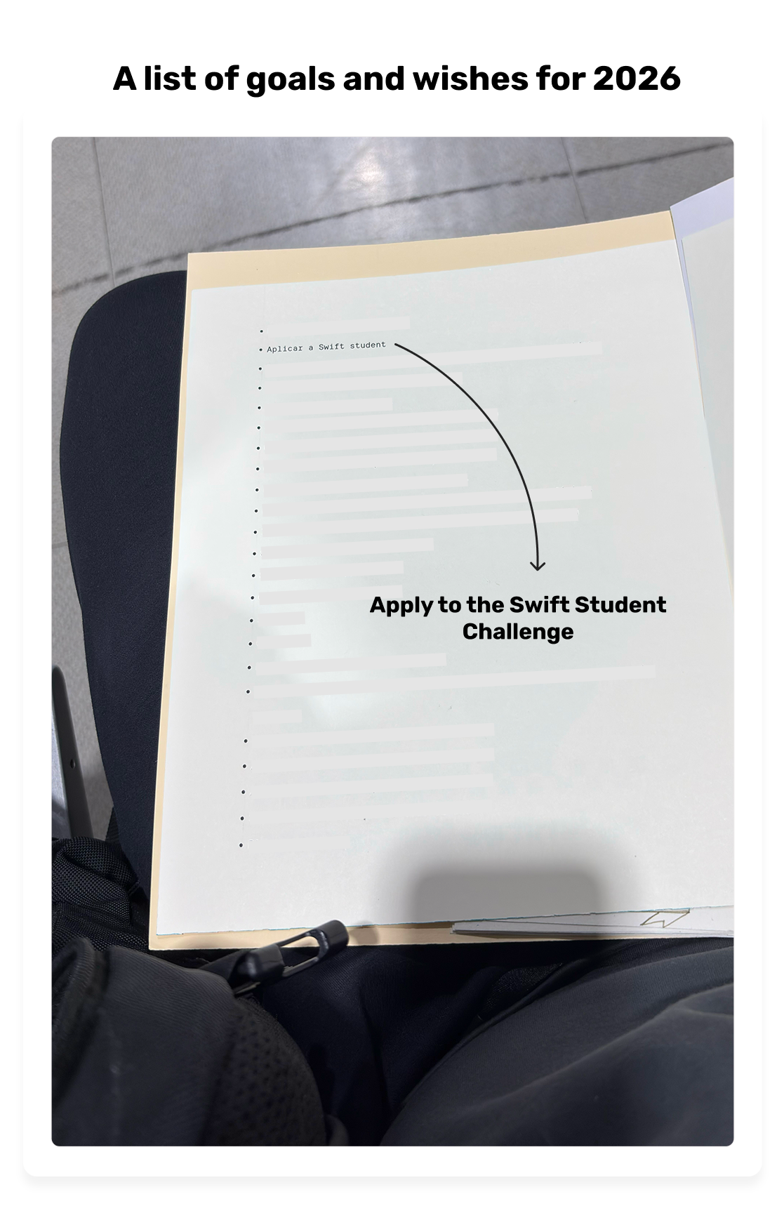 Goals sheet written at the airport